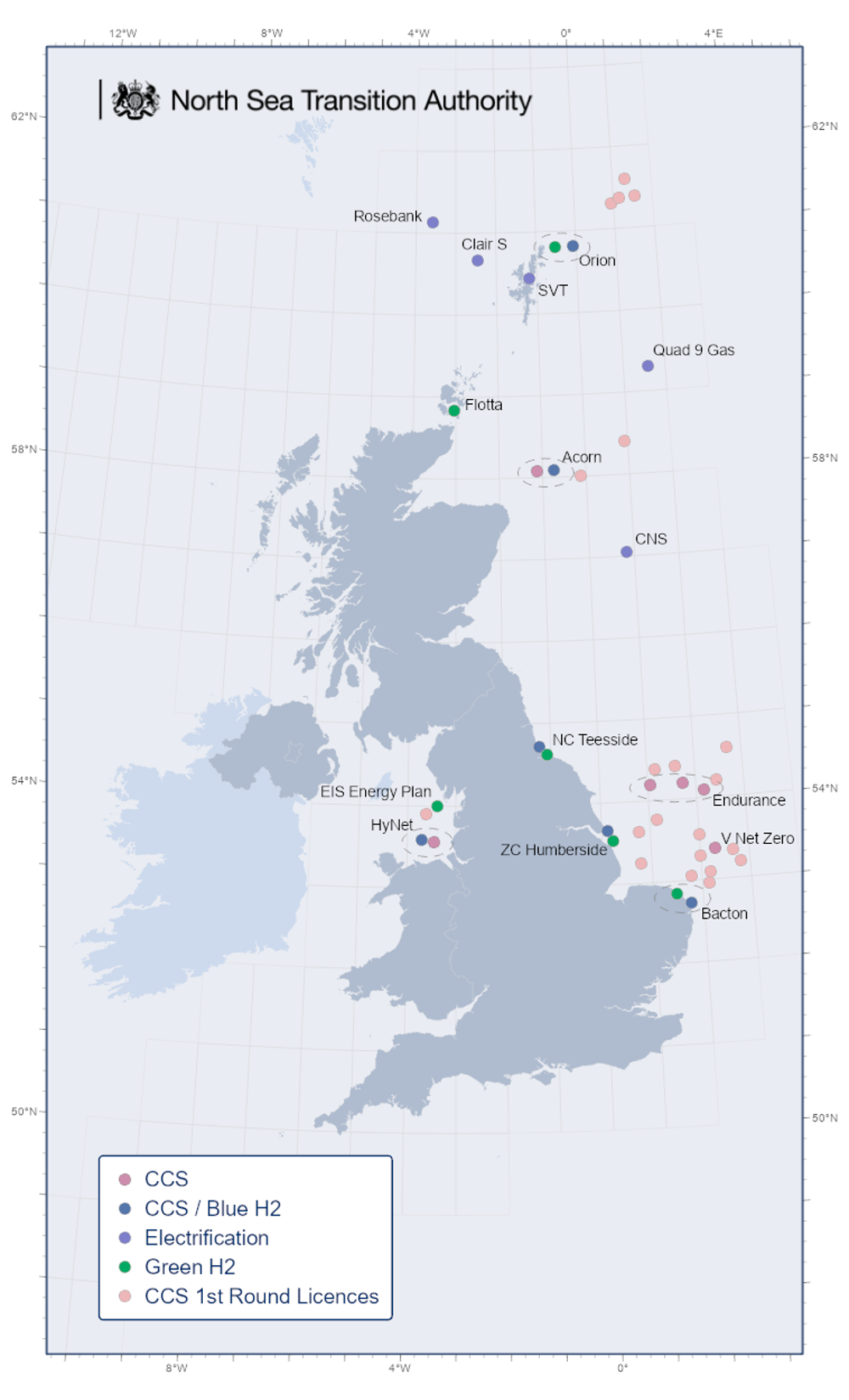 CCS, CCS Blue H2, electrification, Green H2 and CSS 1st round licences displayed on the UK map.